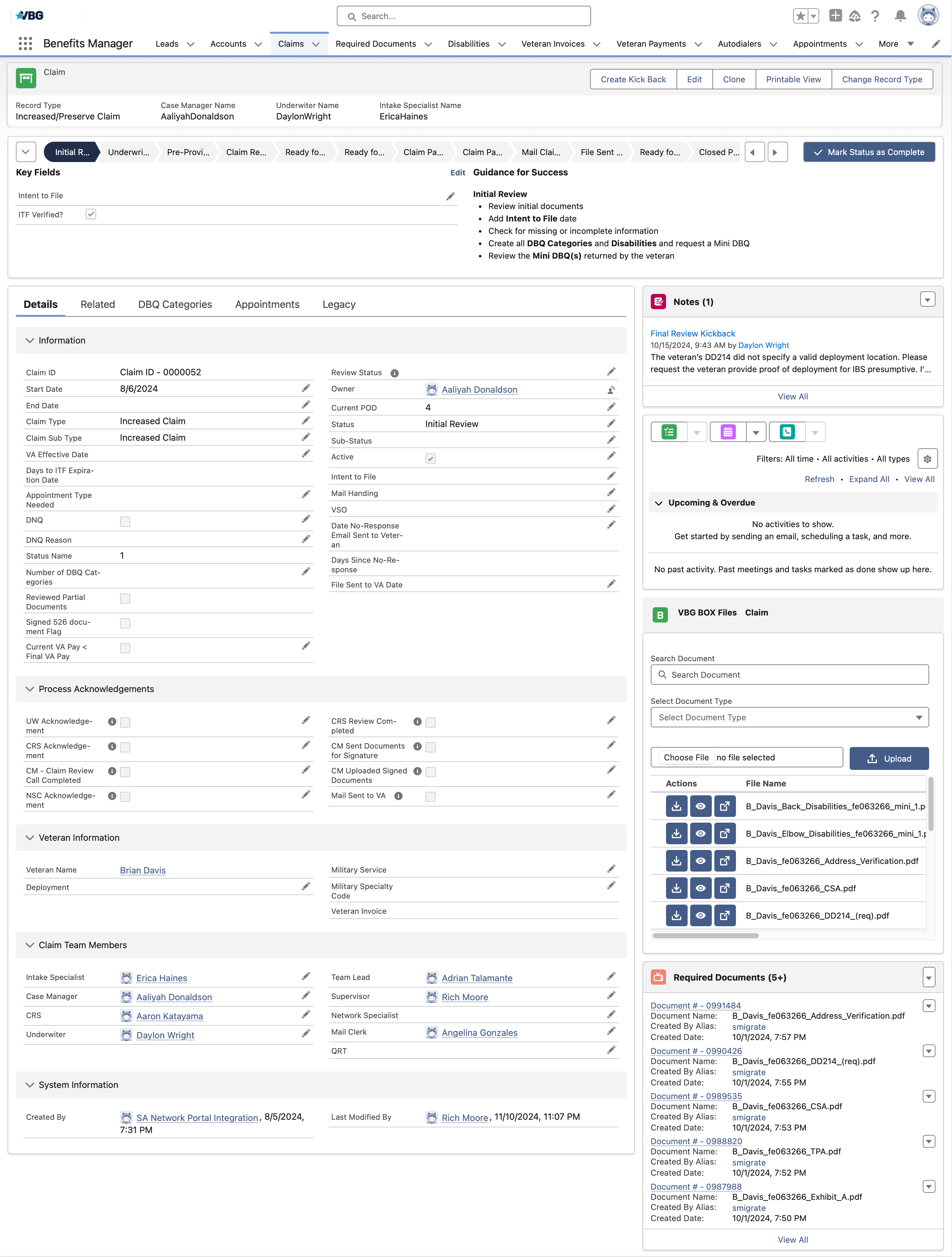 Previous Sugar CRM veteran claim detail page