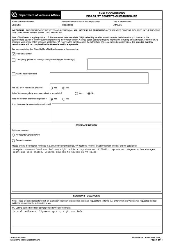 Real VA ankle DBQ, page 1: identification and evidence review