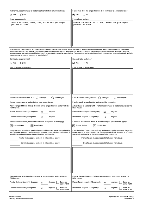 Real VA ankle DBQ, page 5: range of motion degree fields